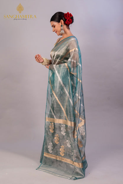 Sea Blue Pure Tissue Silk Banarasi Saree