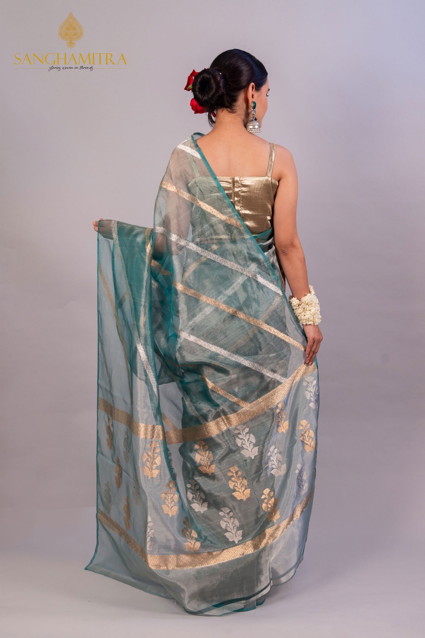 Sea Blue Pure Tissue Silk Banarasi Saree