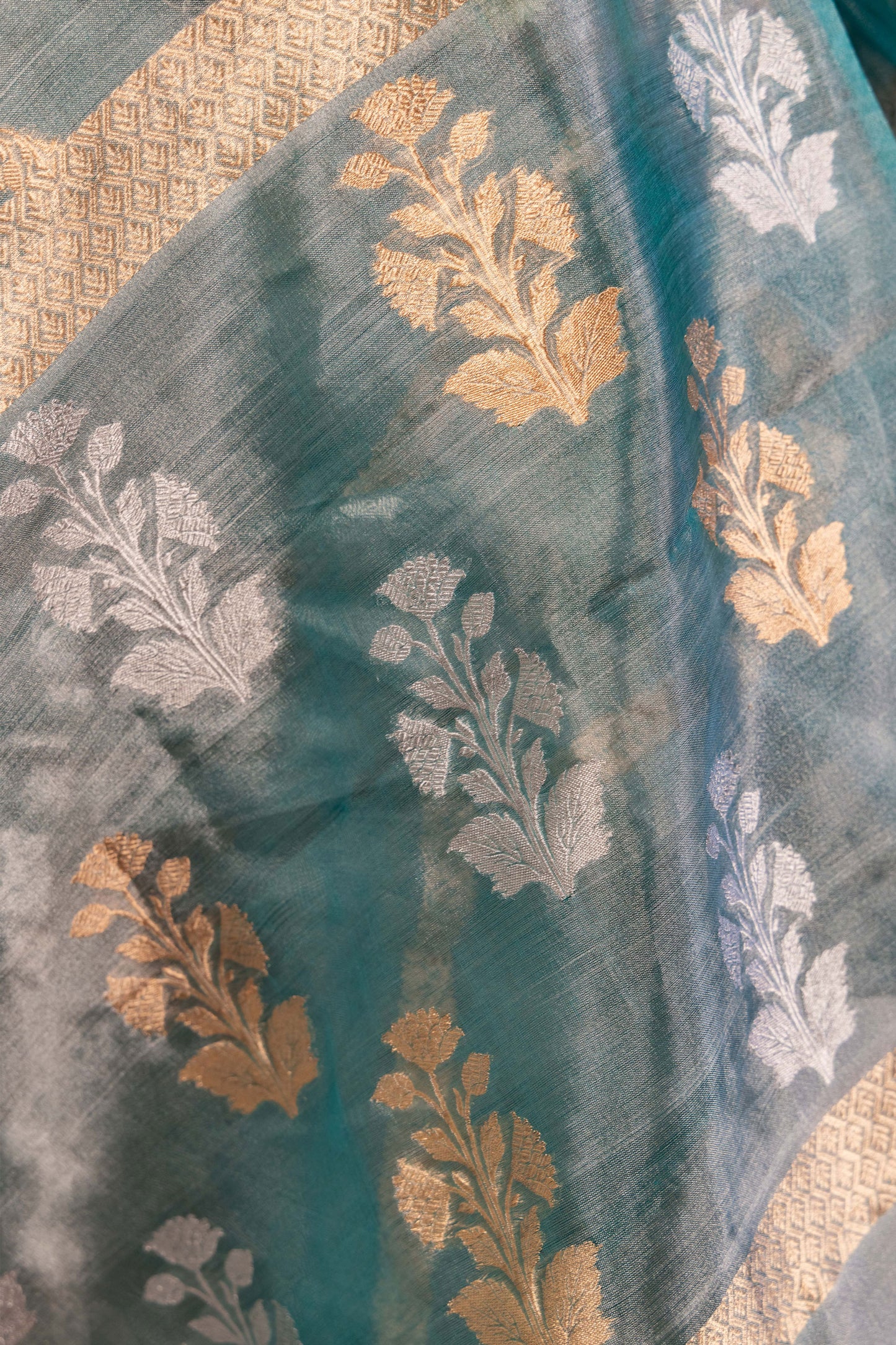 Sea Blue Pure Tissue Silk Banarasi Saree