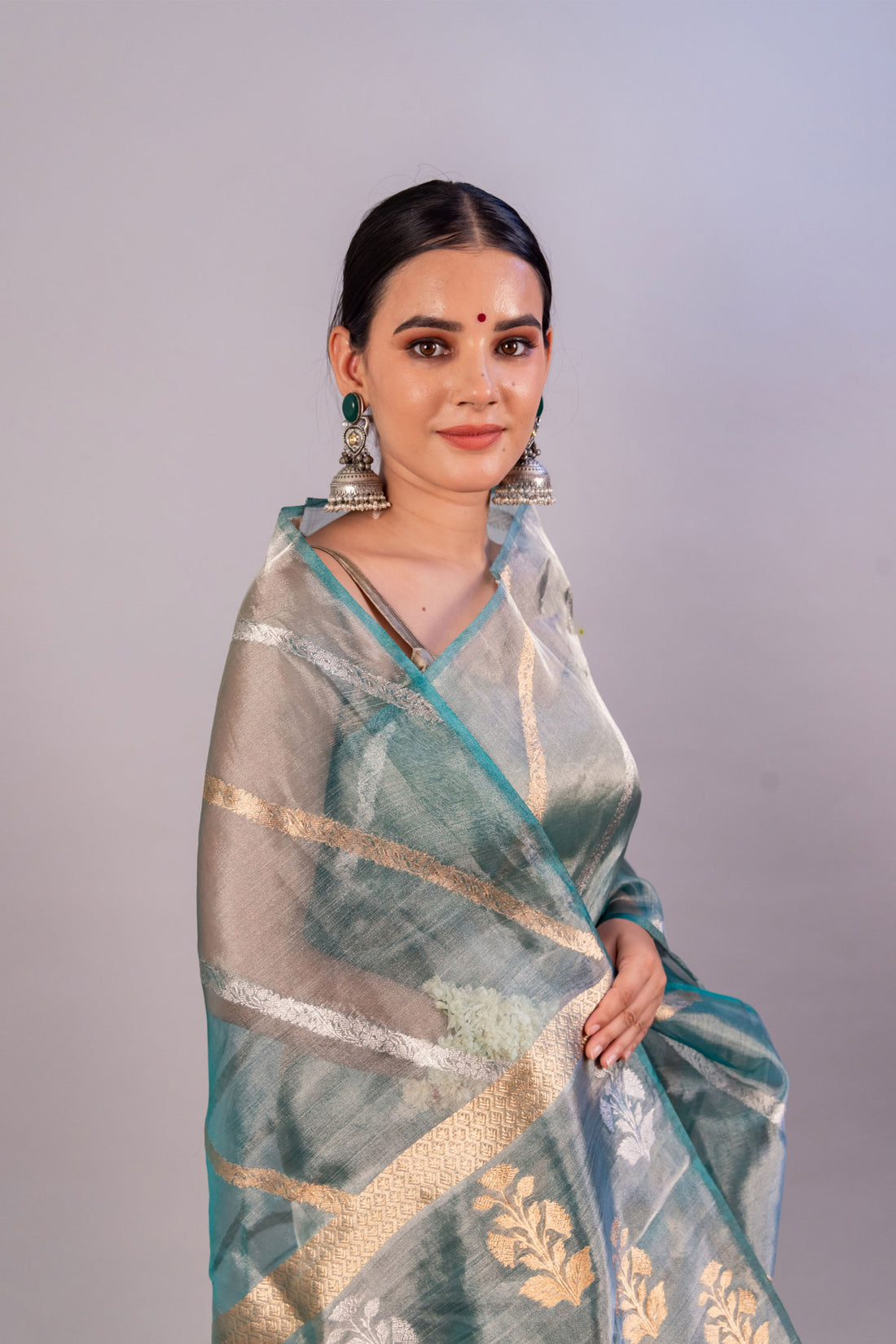 Sea Blue Pure Tissue Silk Banarasi Saree