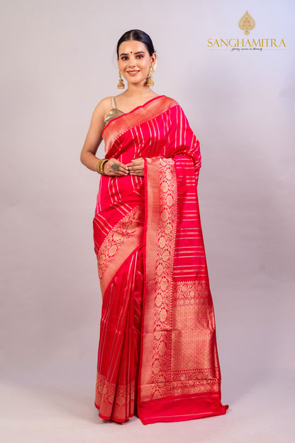 Pinkish Red Pure Katan Silk Handloom Banarasi Saree