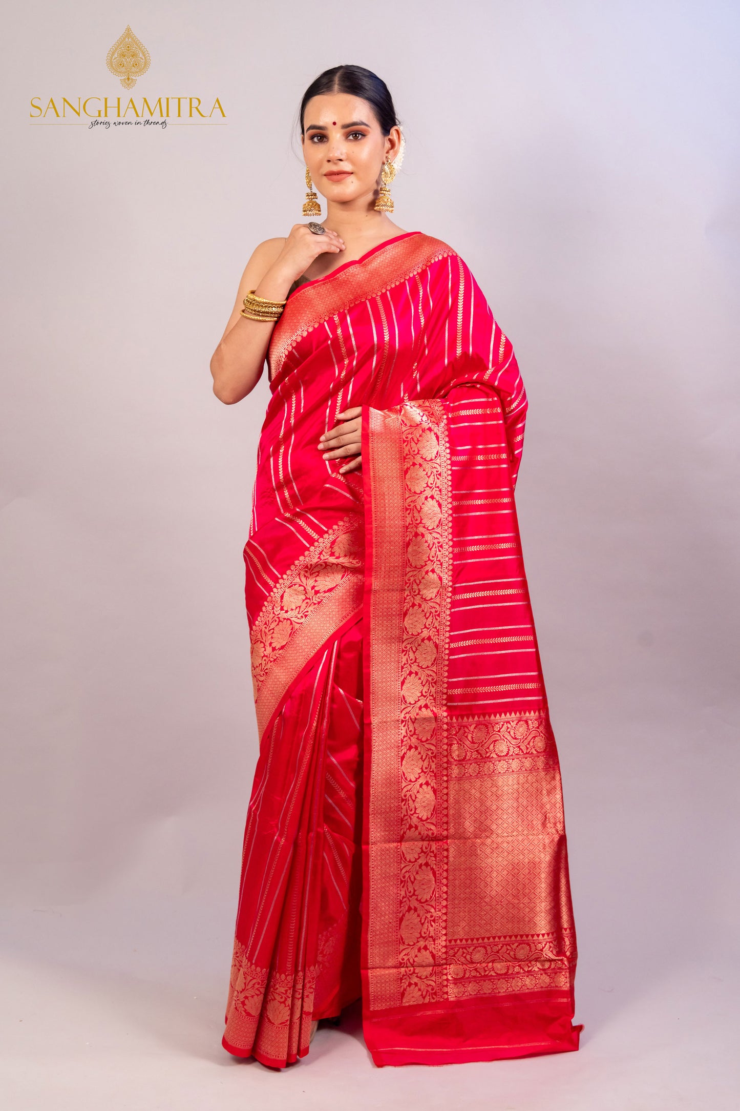 Pinkish Red Pure Katan Silk Handloom Banarasi Saree