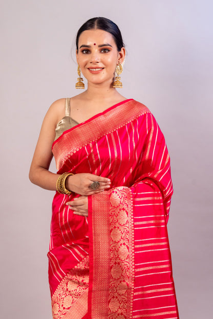 Pinkish Red Pure Katan Silk Handloom Banarasi Saree