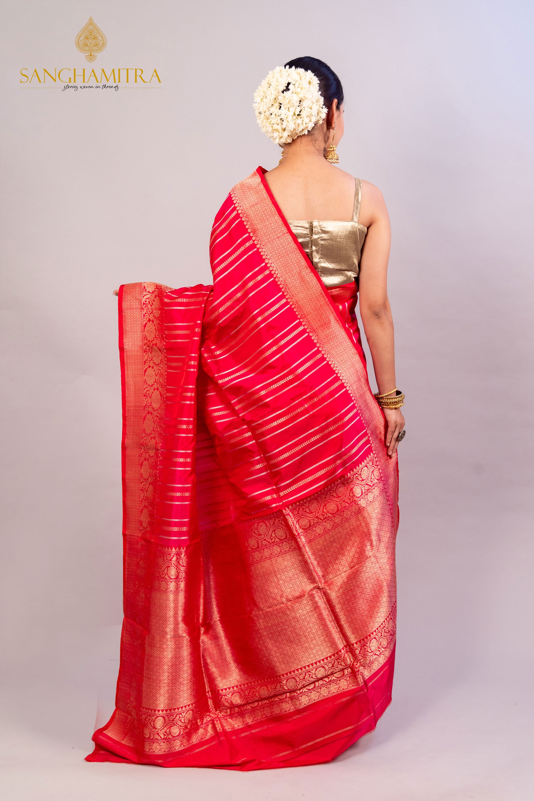 Pinkish Red Pure Katan Silk Handloom Banarasi Saree