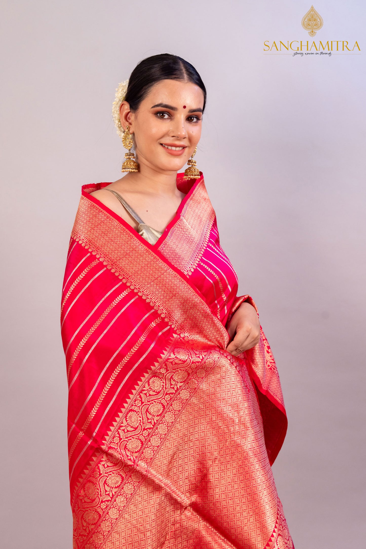 Pinkish Red Pure Katan Silk Handloom Banarasi Saree