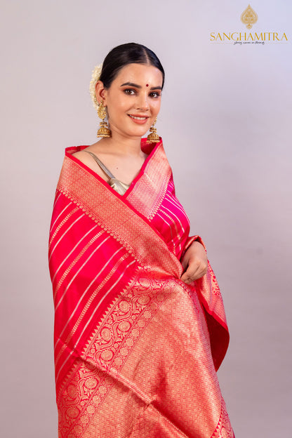 Pinkish Red Pure Katan Silk Handloom Banarasi Saree