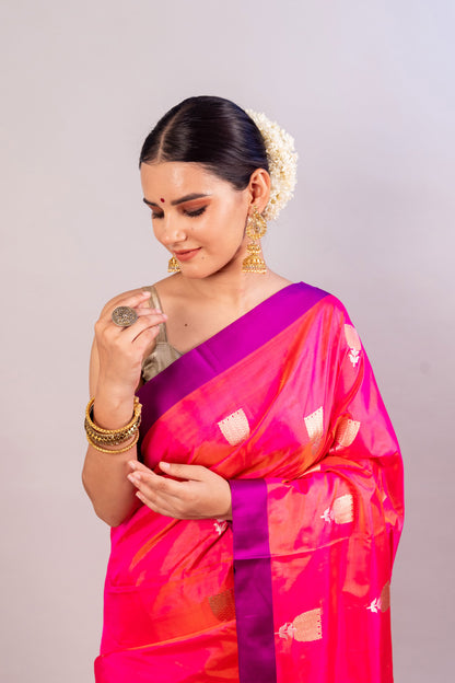 Elegant Pink Pure Katan Silk Handloom Saree - Traditional Indian Attire for Special Occasions