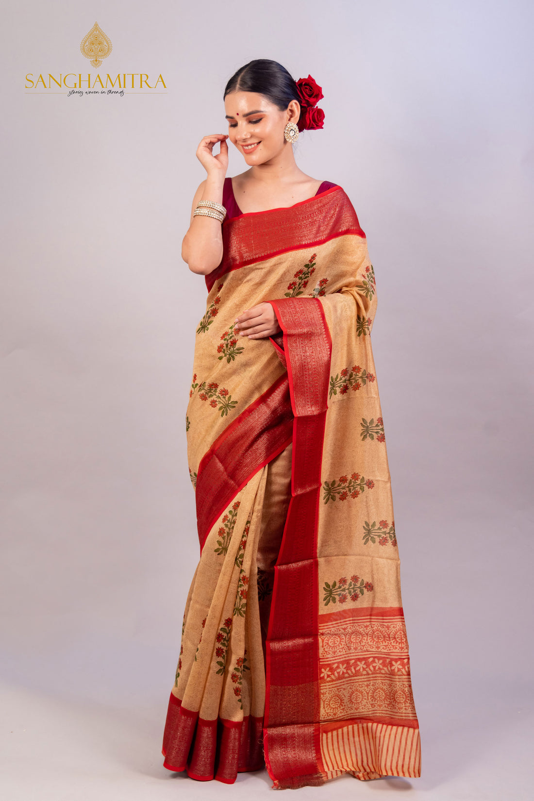 Beige &amp; Red Hand Block Print Pure Chanderi Silk Banarasi Saree
