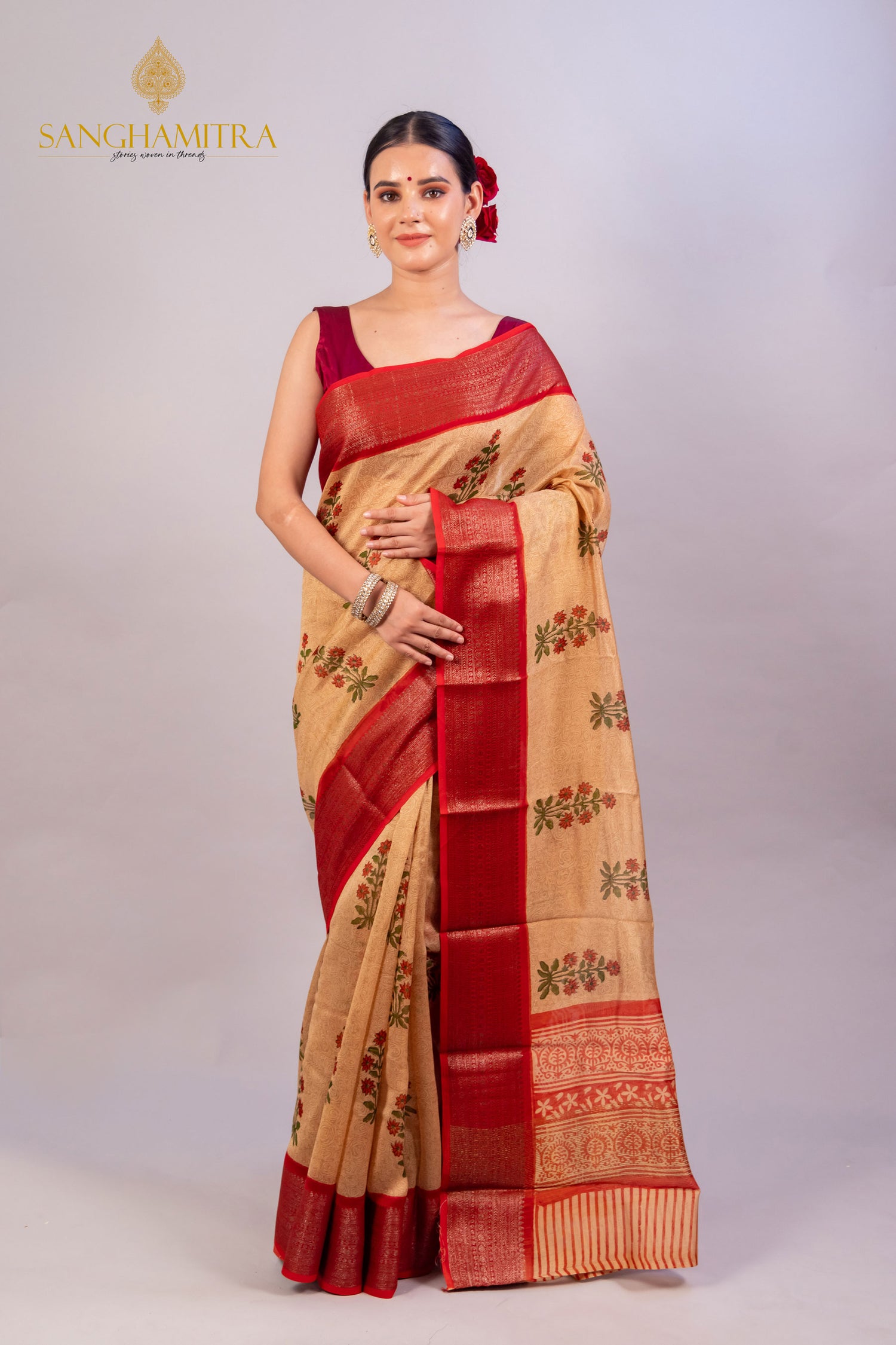 Beige &amp; Red Hand Block Print Pure Chanderi Silk Banarasi Saree
