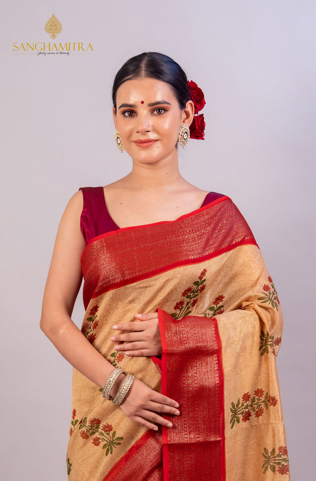 Beige &amp; Red Hand Block Print Pure Chanderi Silk Banarasi Saree
