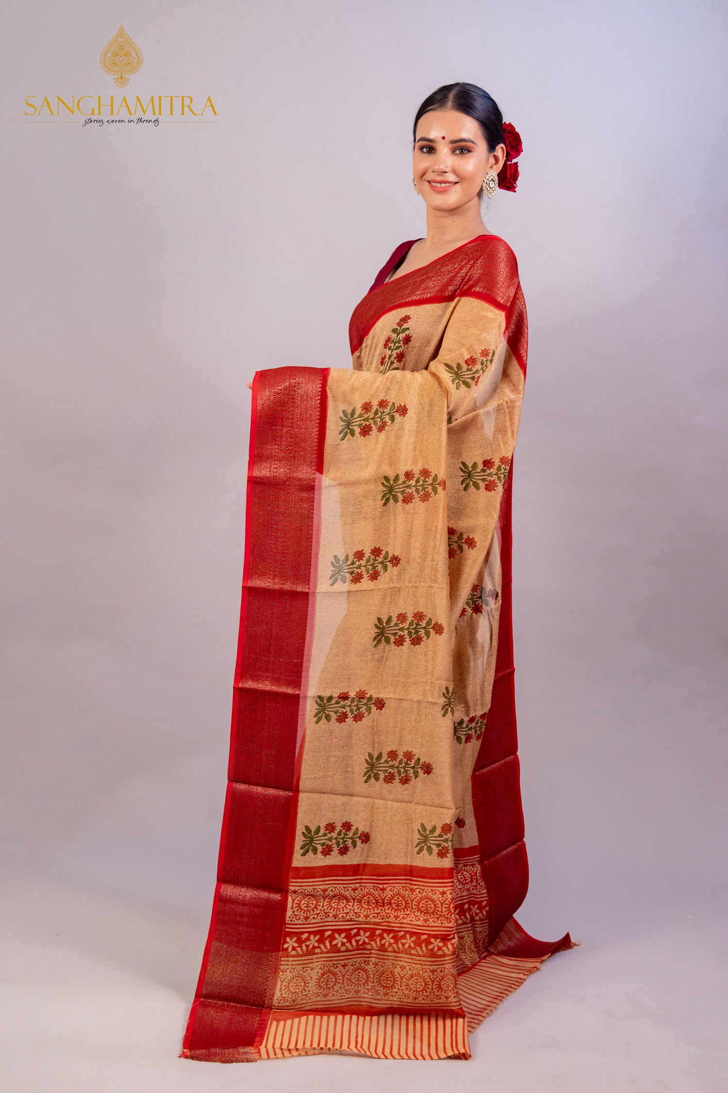Beige &amp; Red Hand Block Print Pure Chanderi Silk Banarasi Saree
