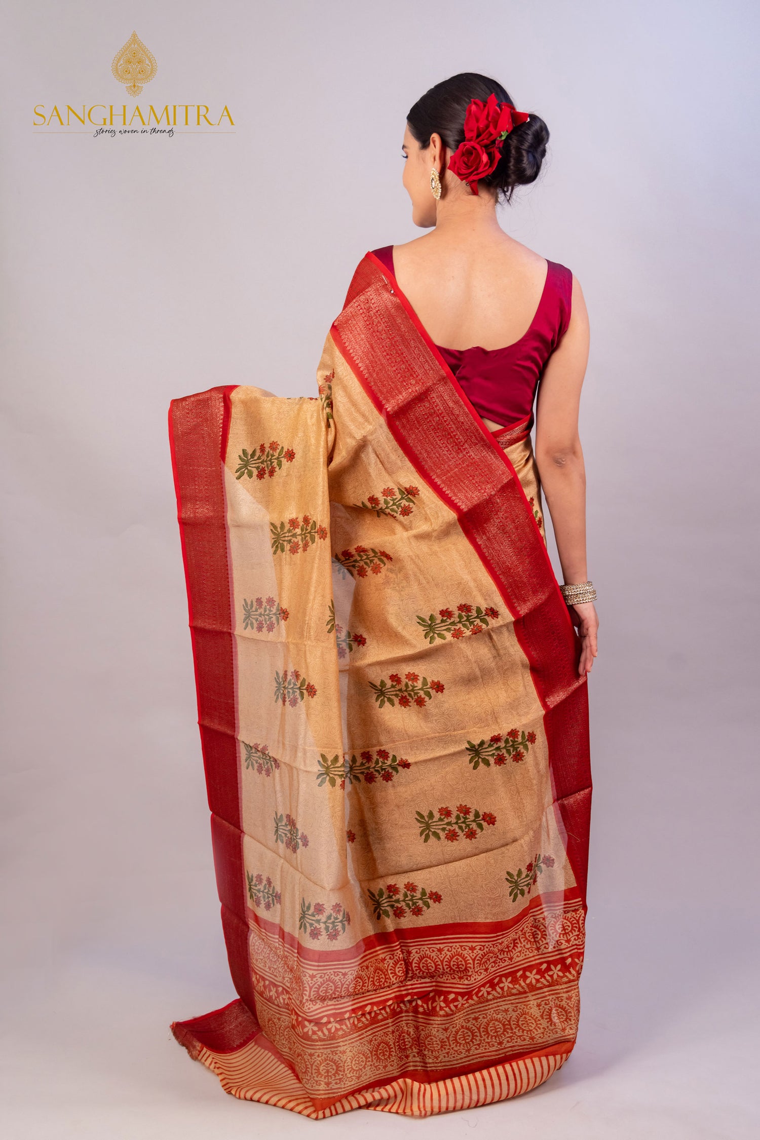 Beige &amp; Red Hand Block Print Pure Chanderi Silk Banarasi Saree