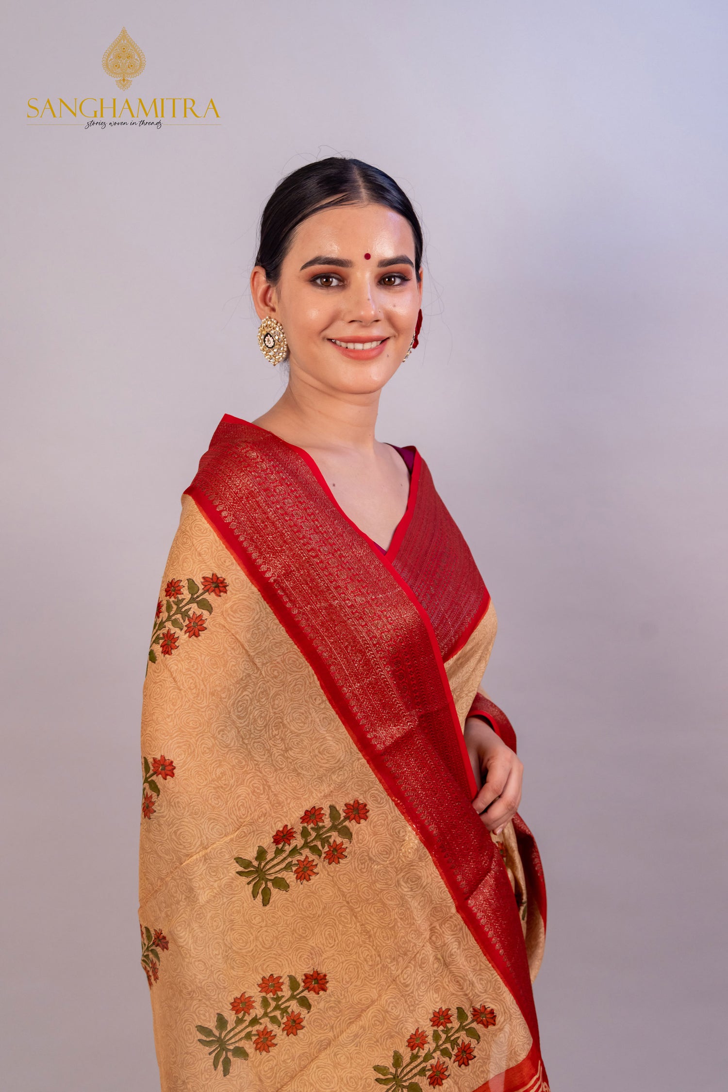 Beige &amp; Red Hand Block Print Pure Chanderi Silk Banarasi Saree