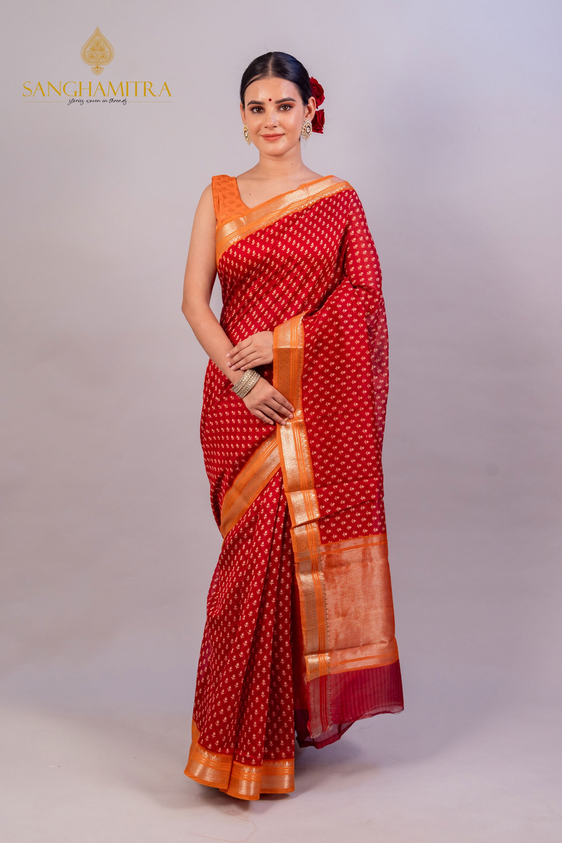 Red Hand Block Print Pure Chanderi Silk Banarasi Saree