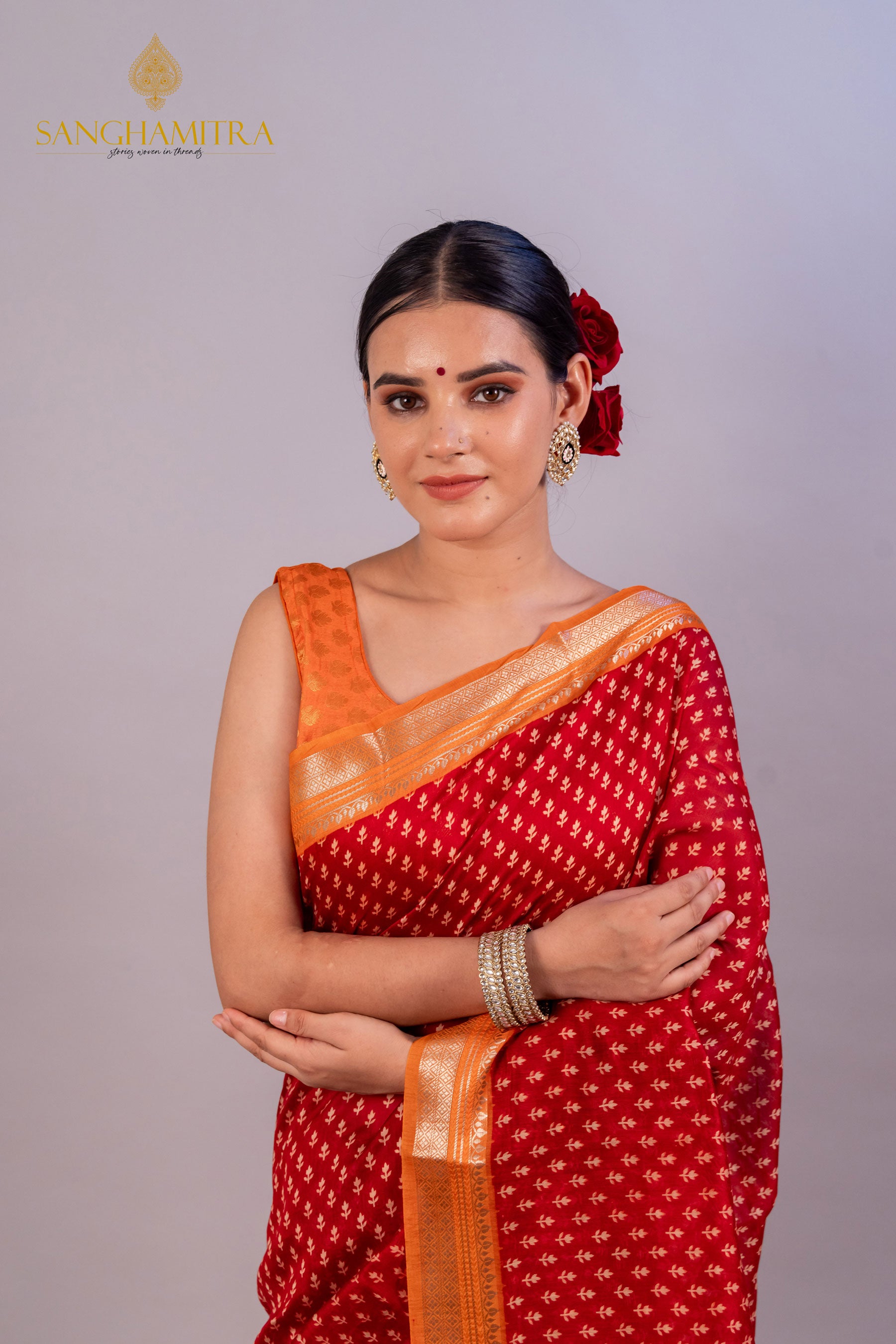 Red Hand Block Print Pure Chanderi Silk Banarasi Saree