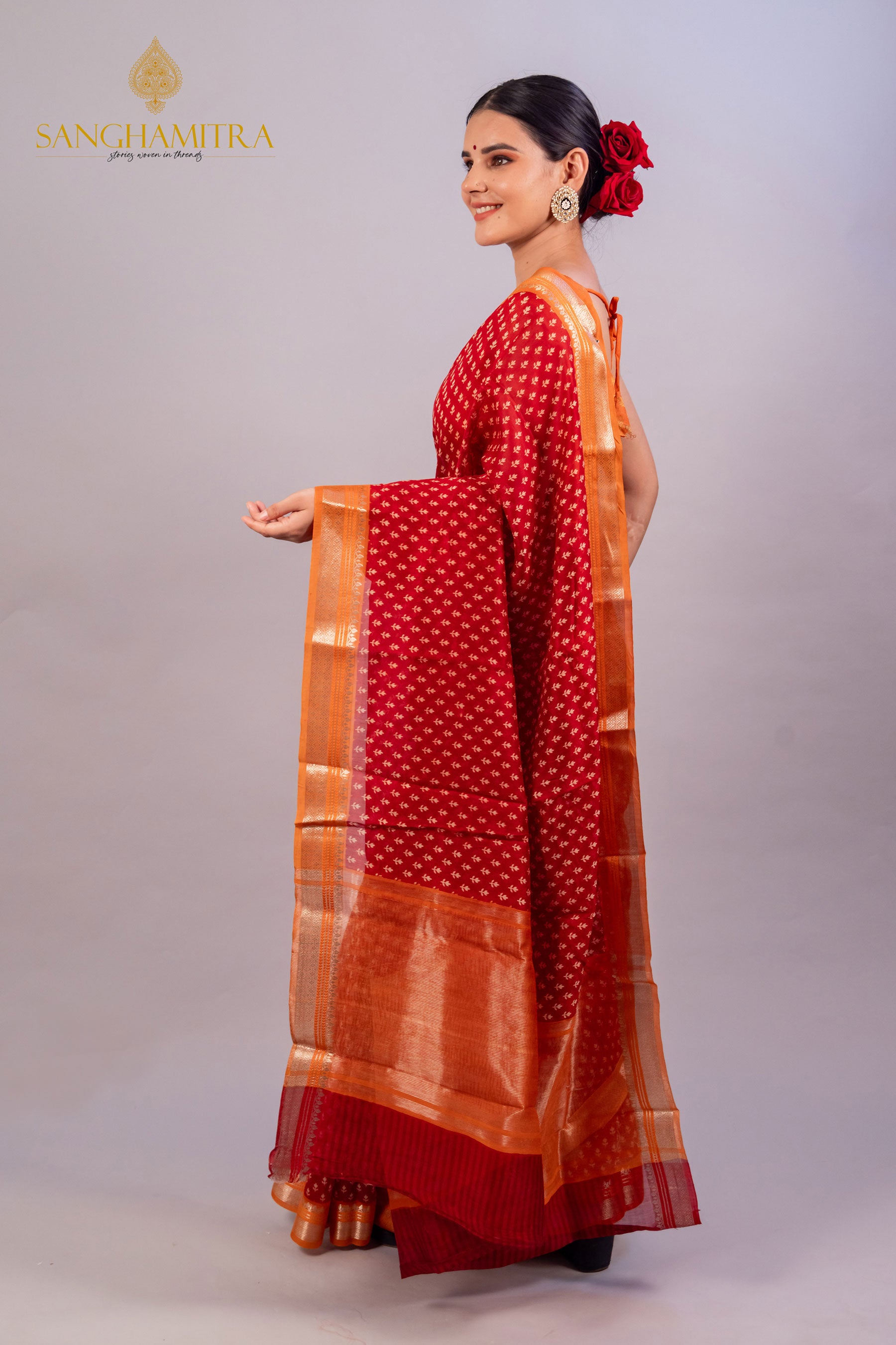 Red Hand Block Print Pure Chanderi Silk Banarasi Saree