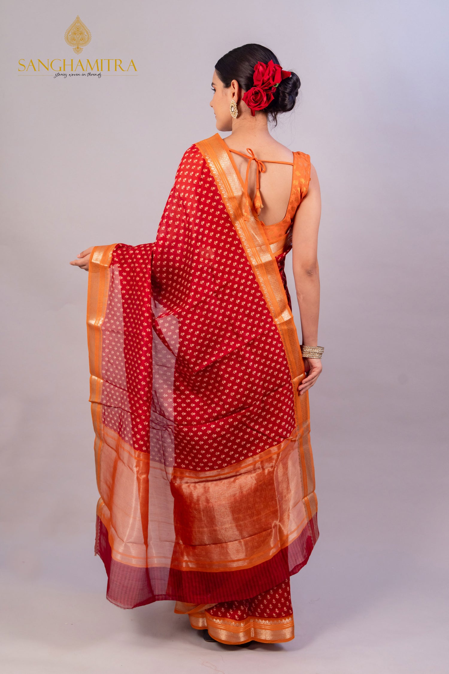 Red Hand Block Print Pure Chanderi Silk Banarasi Saree