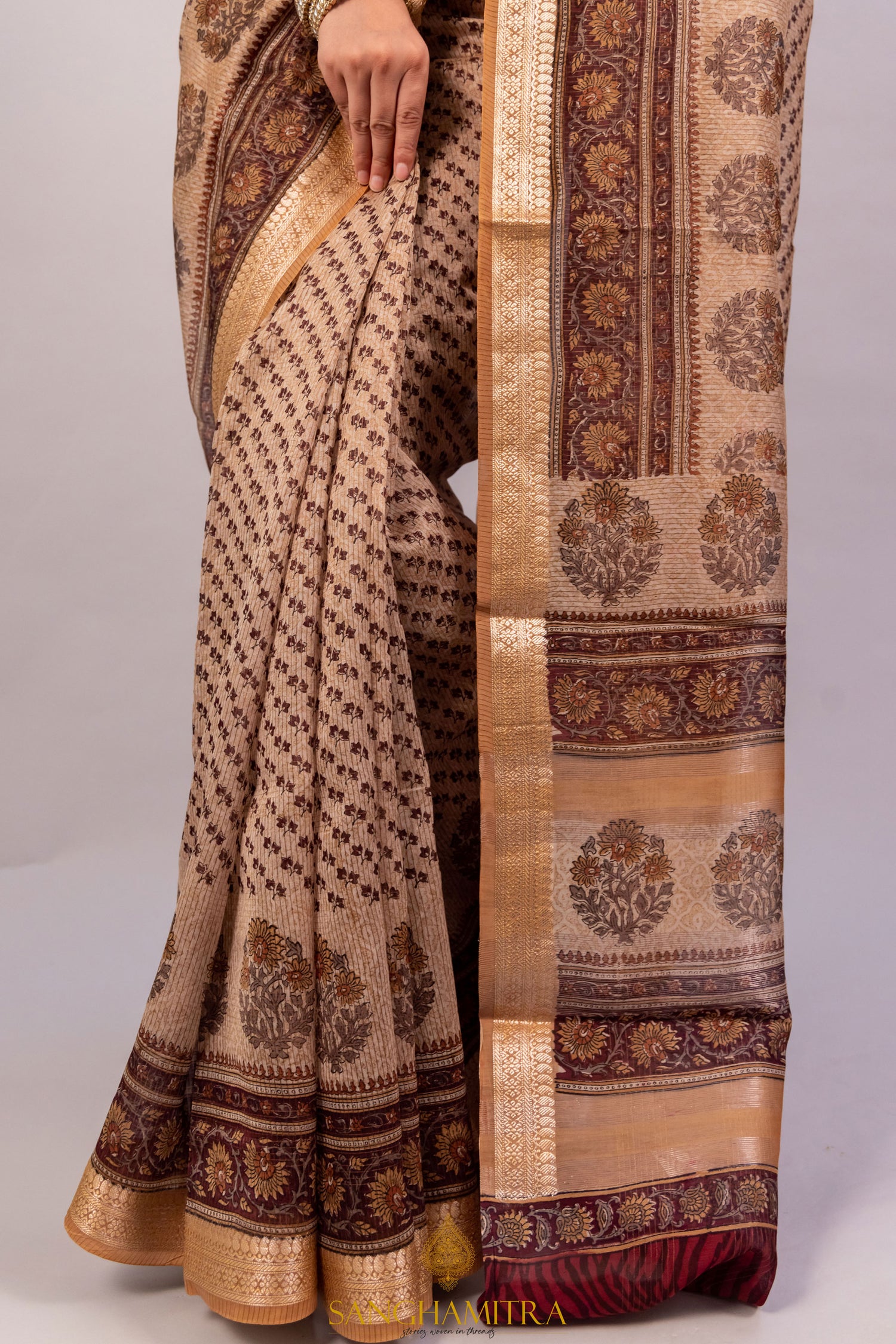 Beige &amp; Coffee Hand Block Print Pure Chanderi Slik Banarasi Saree