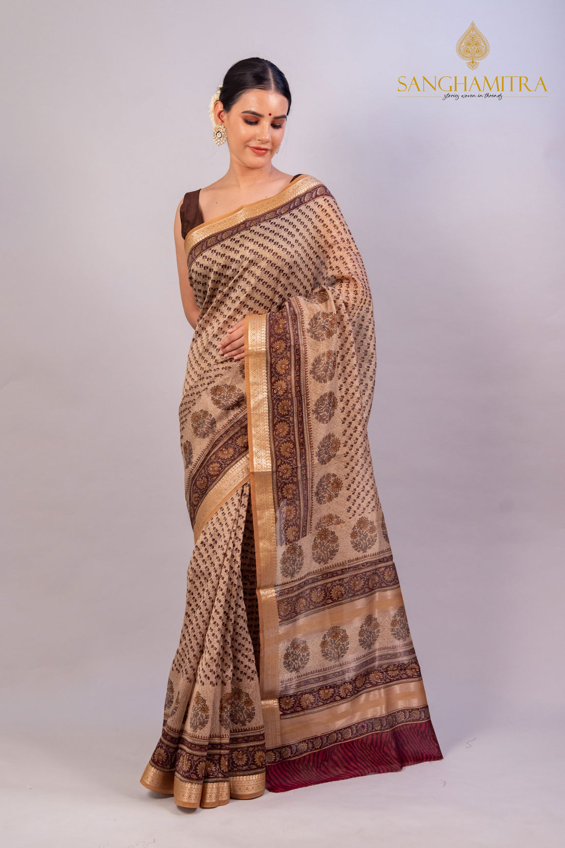 Beige &amp; Coffee Hand Block Print Pure Chanderi Slik Banarasi Saree