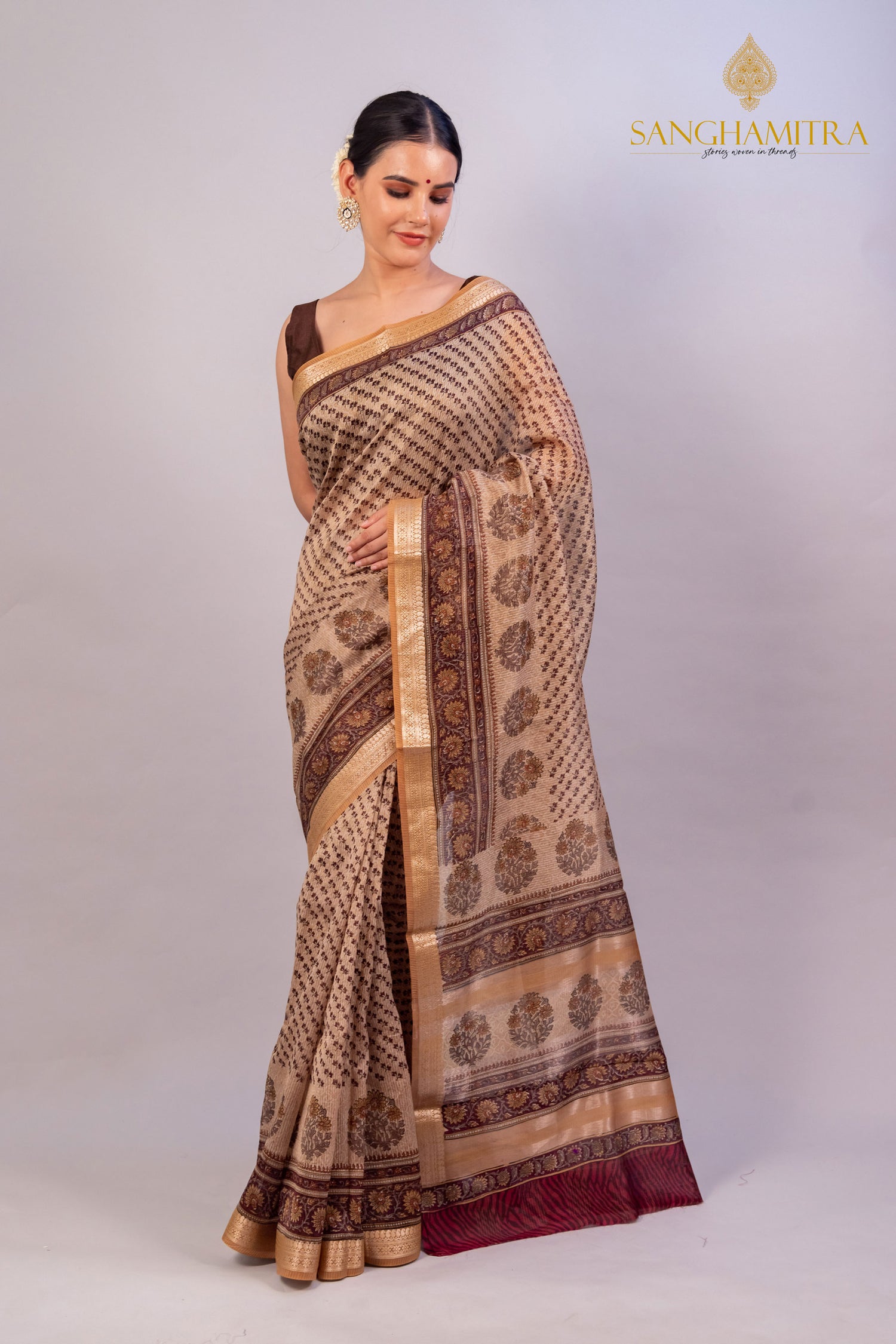 Beige &amp; Coffee Hand Block Print Pure Chanderi Slik Banarasi Saree