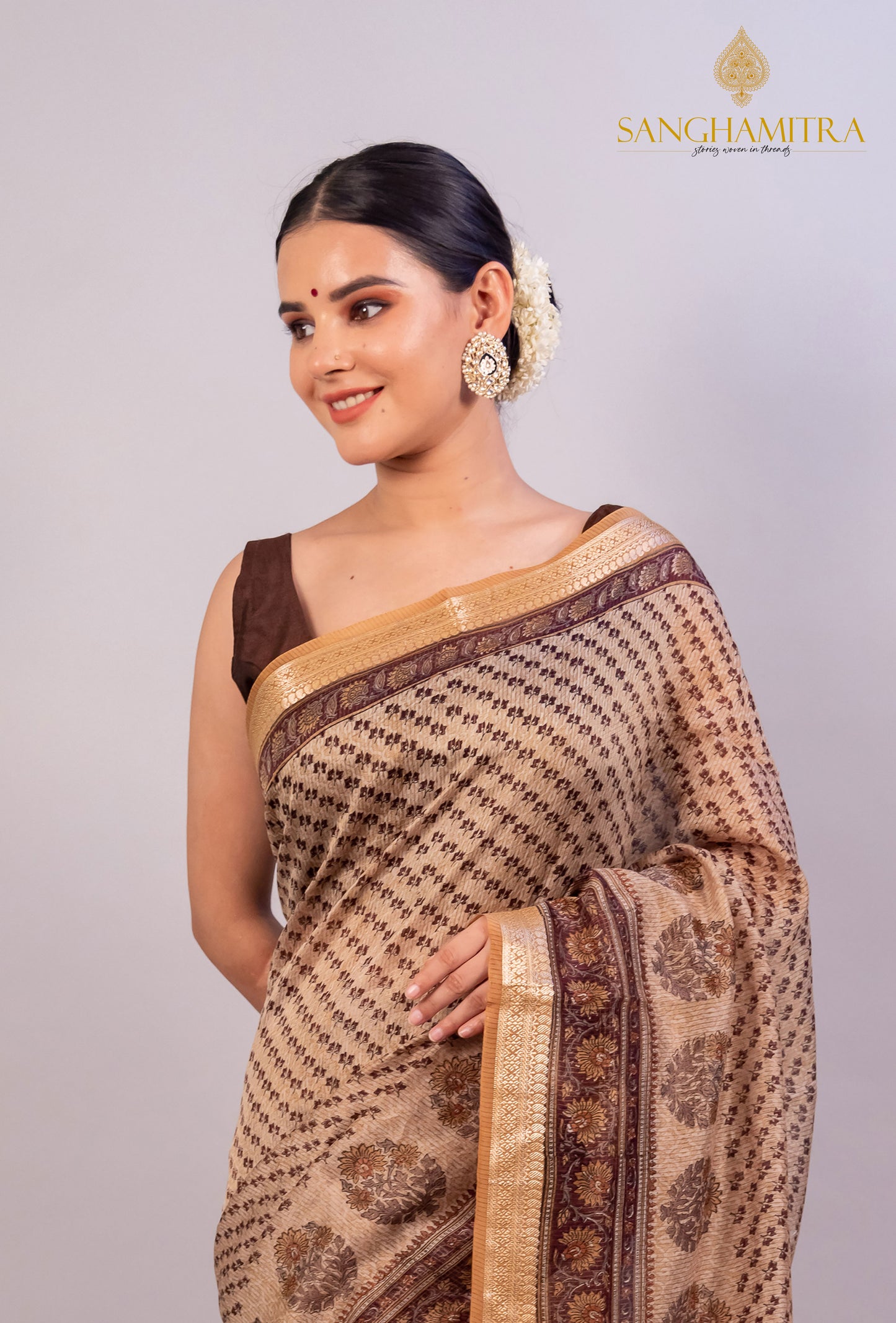 Beige & Coffee Hand Block Print Pure Chanderi Slik Banarasi Saree