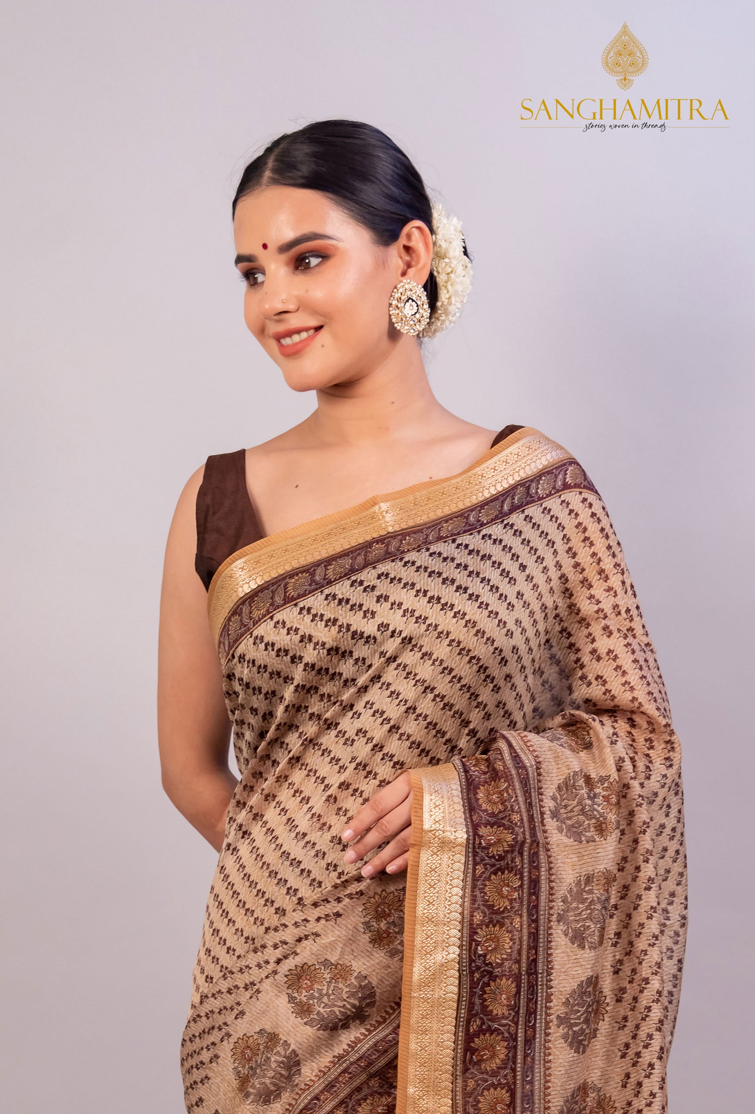 Beige &amp; Coffee Hand Block Print Pure Chanderi Slik Banarasi Saree
