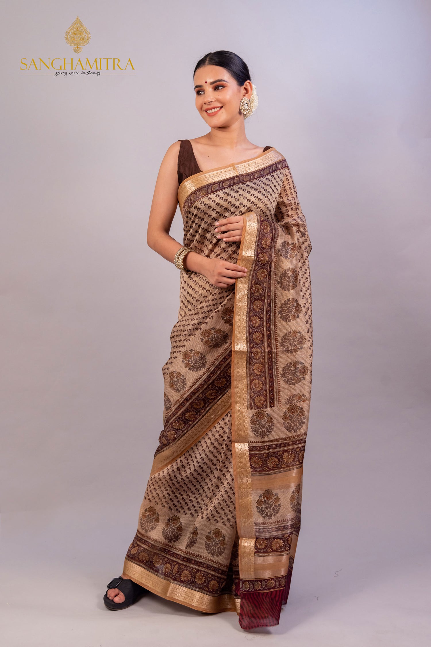 Beige &amp; Coffee Hand Block Print Pure Chanderi Slik Banarasi Saree