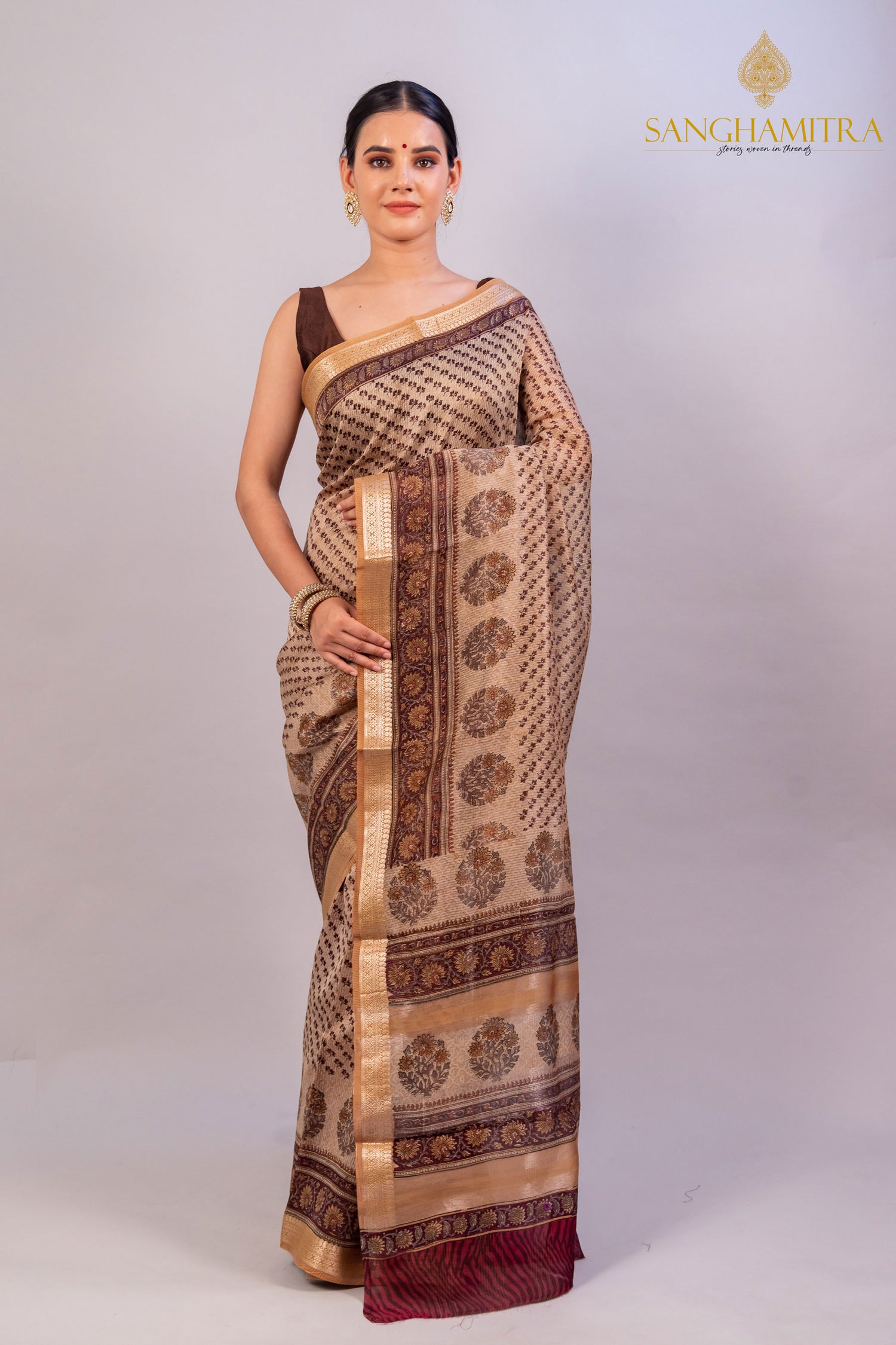 Beige &amp; Coffee Hand Block Print Pure Chanderi Slik Banarasi Saree