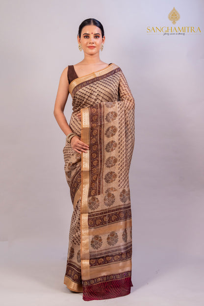 Beige & Coffee Hand Block Print Pure Chanderi Slik Banarasi Saree