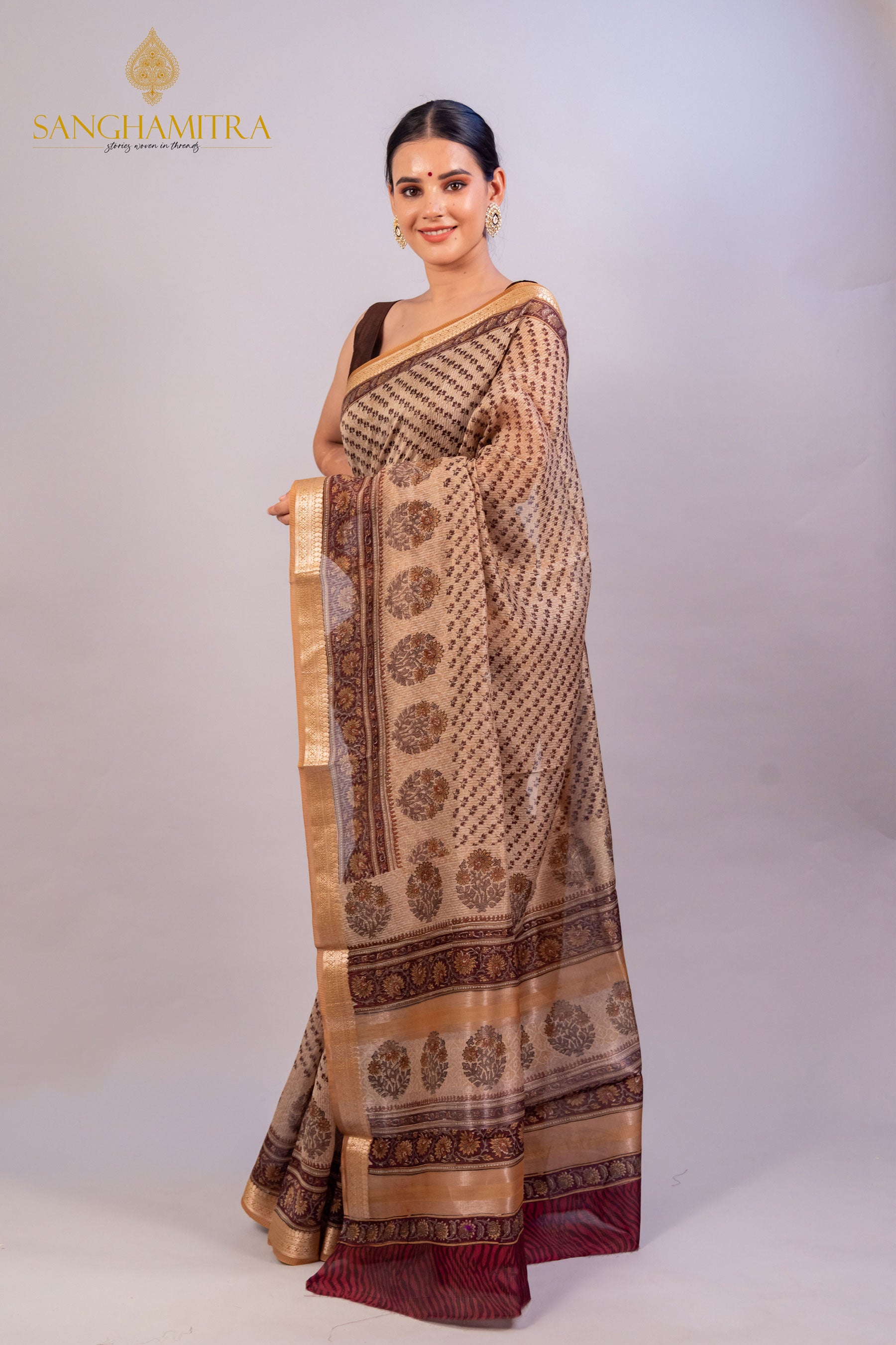 Beige &amp; Coffee Hand Block Print Pure Chanderi Slik Banarasi Saree