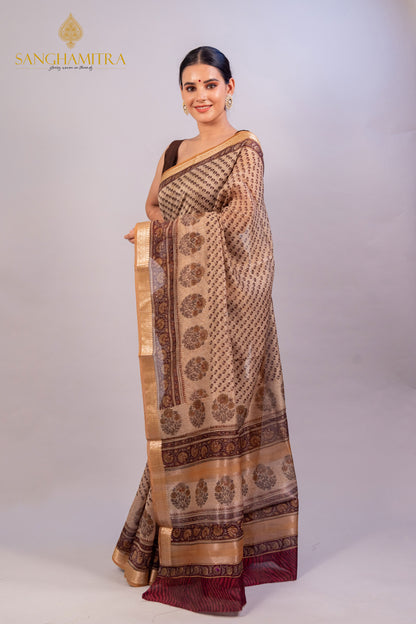 Beige & Coffee Hand Block Print Pure Chanderi Slik Banarasi Saree