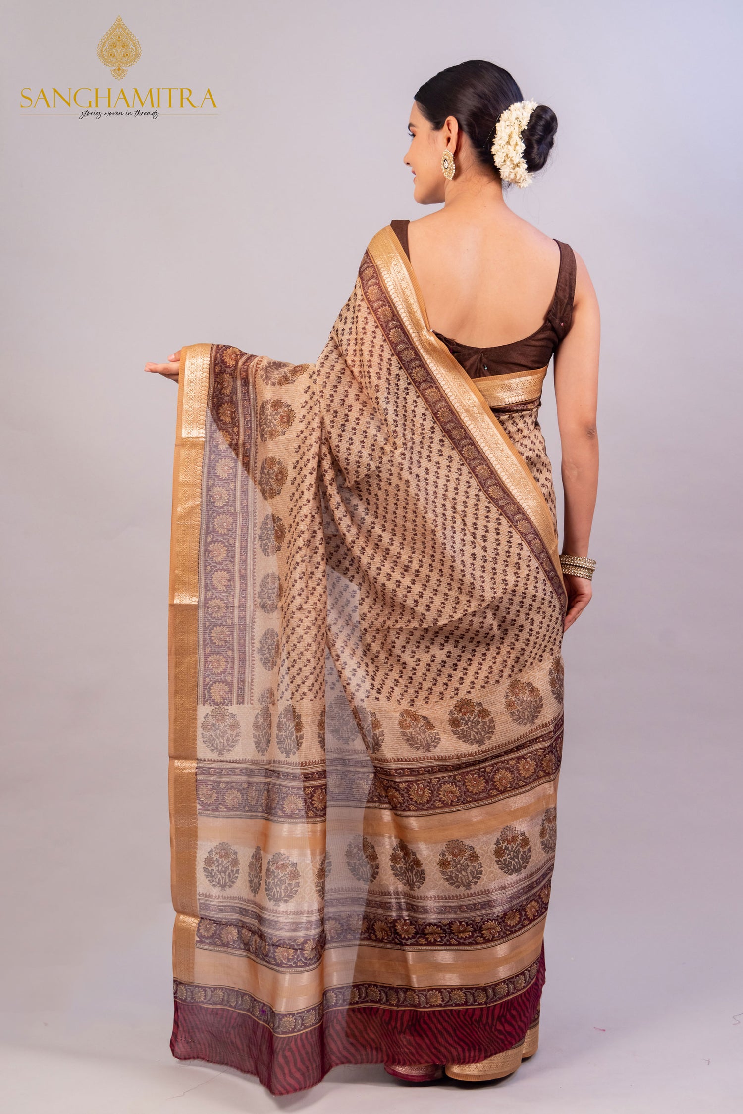 Beige &amp; Coffee Hand Block Print Pure Chanderi Slik Banarasi Saree