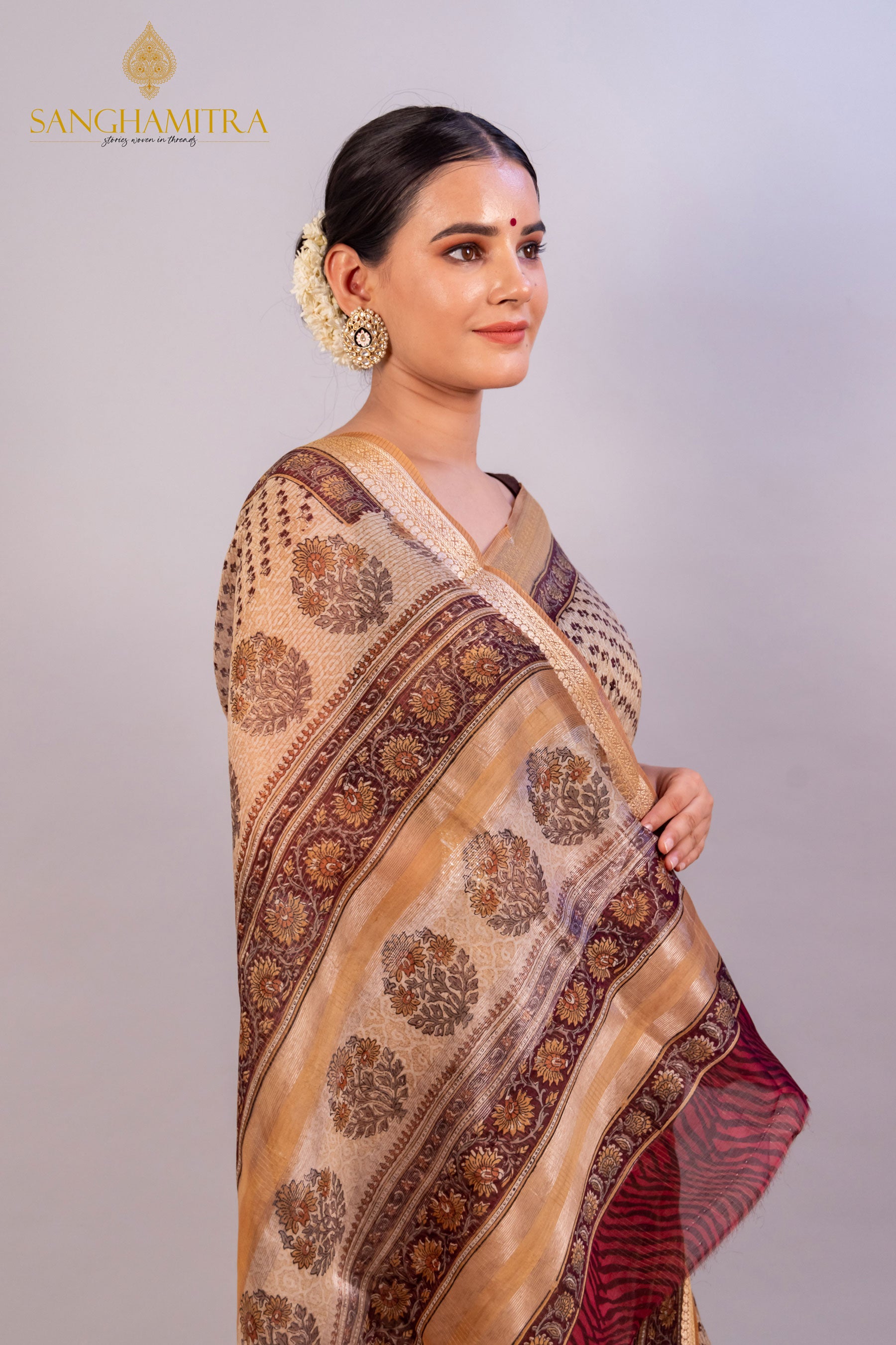 Beige &amp; Coffee Hand Block Print Pure Chanderi Slik Banarasi Saree