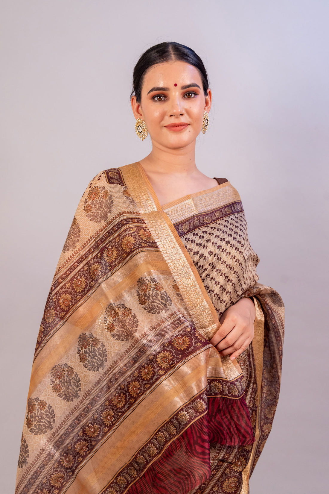 Beige &amp; Coffee Hand Block Print Pure Chanderi Slik Banarasi Saree