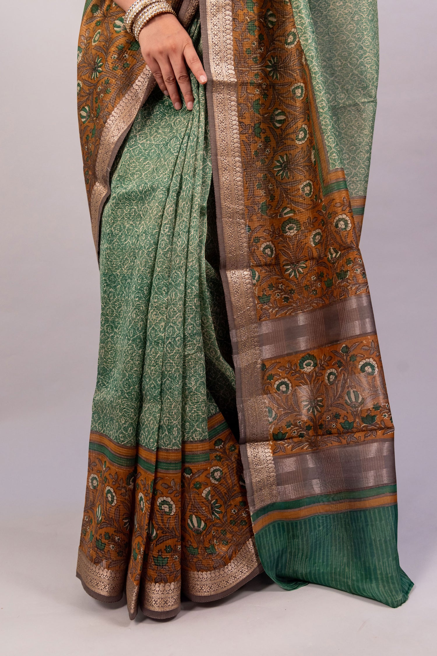 Green Pure Chanderi Hand Block Banarasi Saree