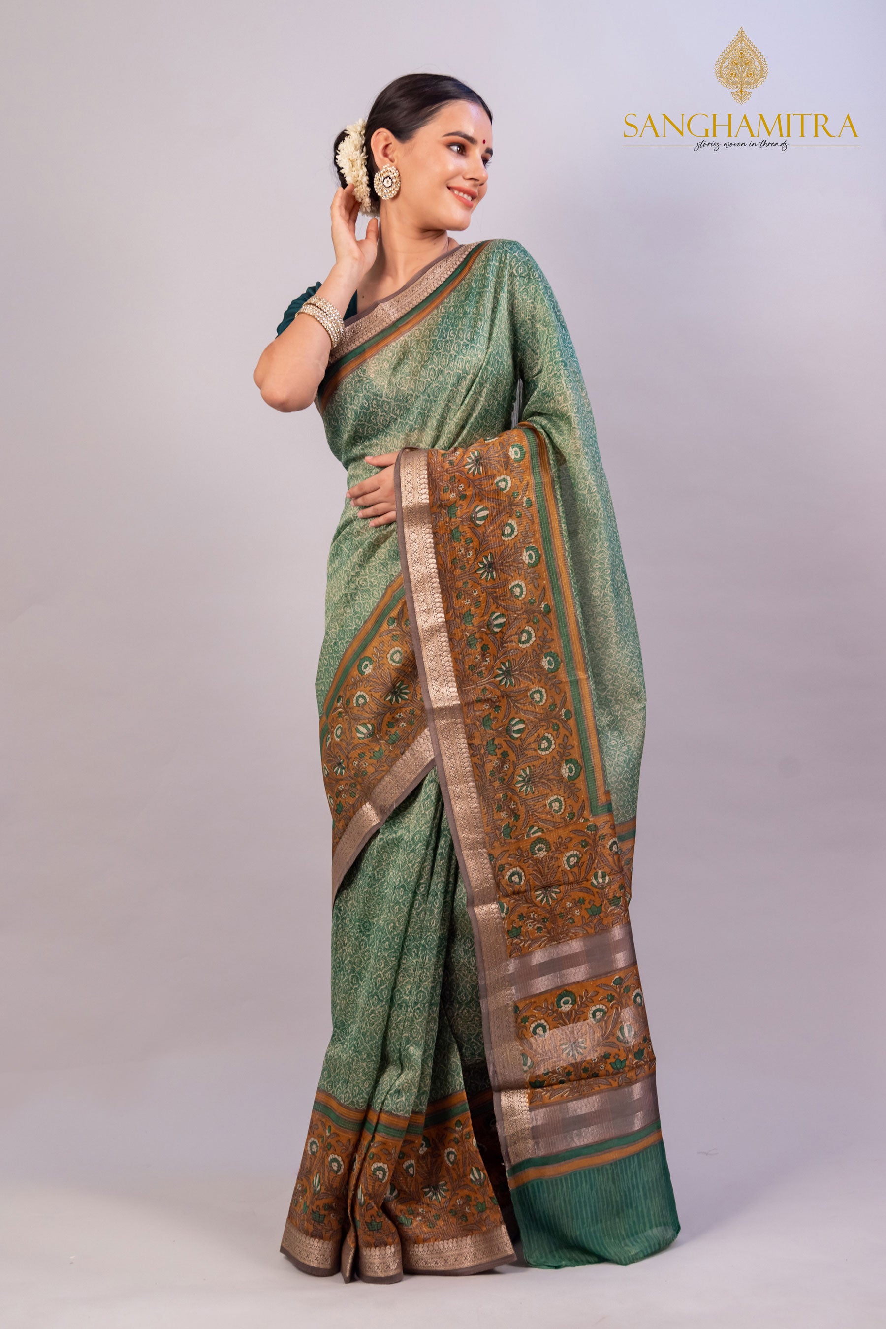 Green Pure Chanderi Hand Block Banarasi Saree