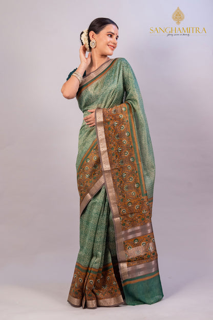 Green Pure Chanderi Hand Block Banarasi Saree