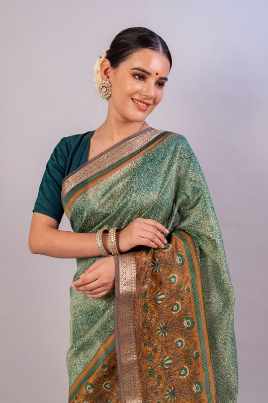 Green Pure Chanderi Hand Block Banarasi Saree