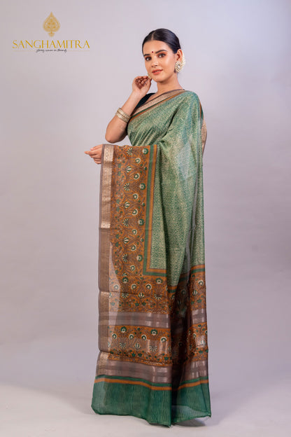 Green Pure Chanderi Hand Block Banarasi Saree