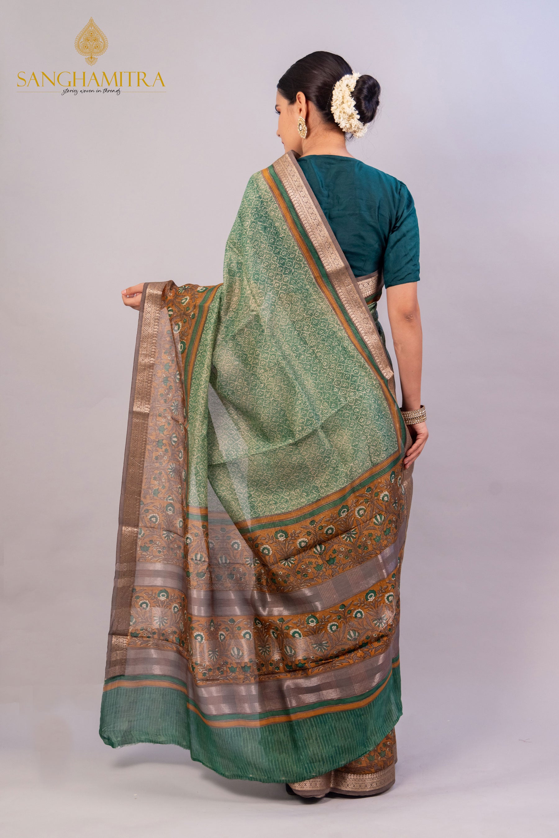 Green Pure Chanderi Hand Block Banarasi Saree