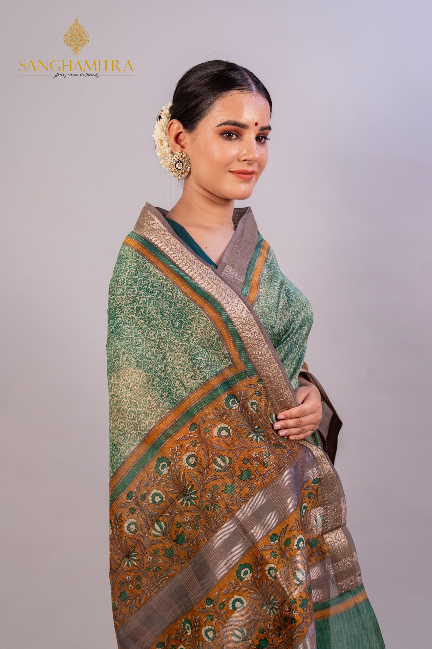 Green Pure Chanderi Hand Block Banarasi Saree