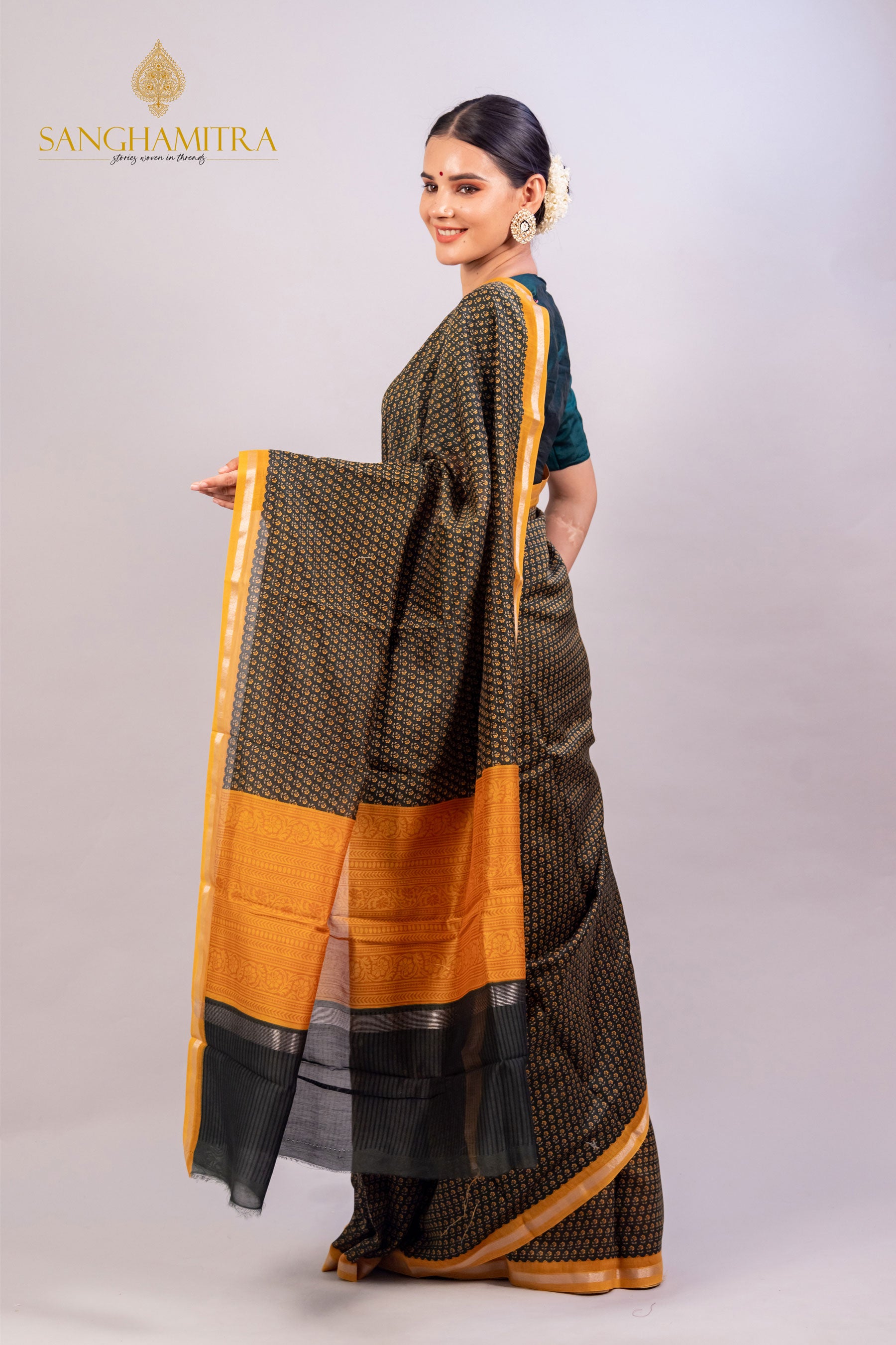 Green Hand Block Print Pure Chanderi Silk Banarasi Saree