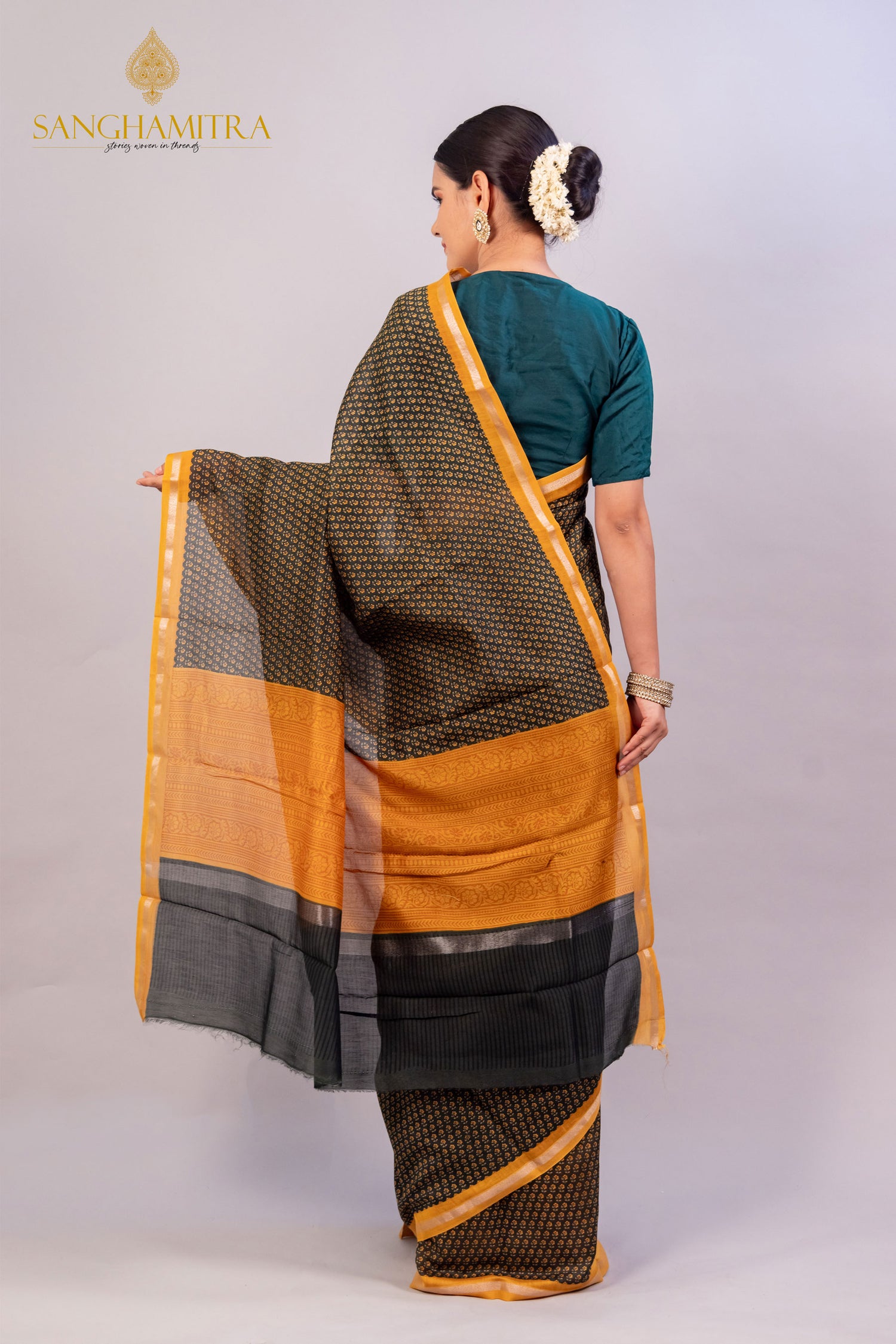 Green Hand Block Print Pure Chanderi Silk Banarasi Saree