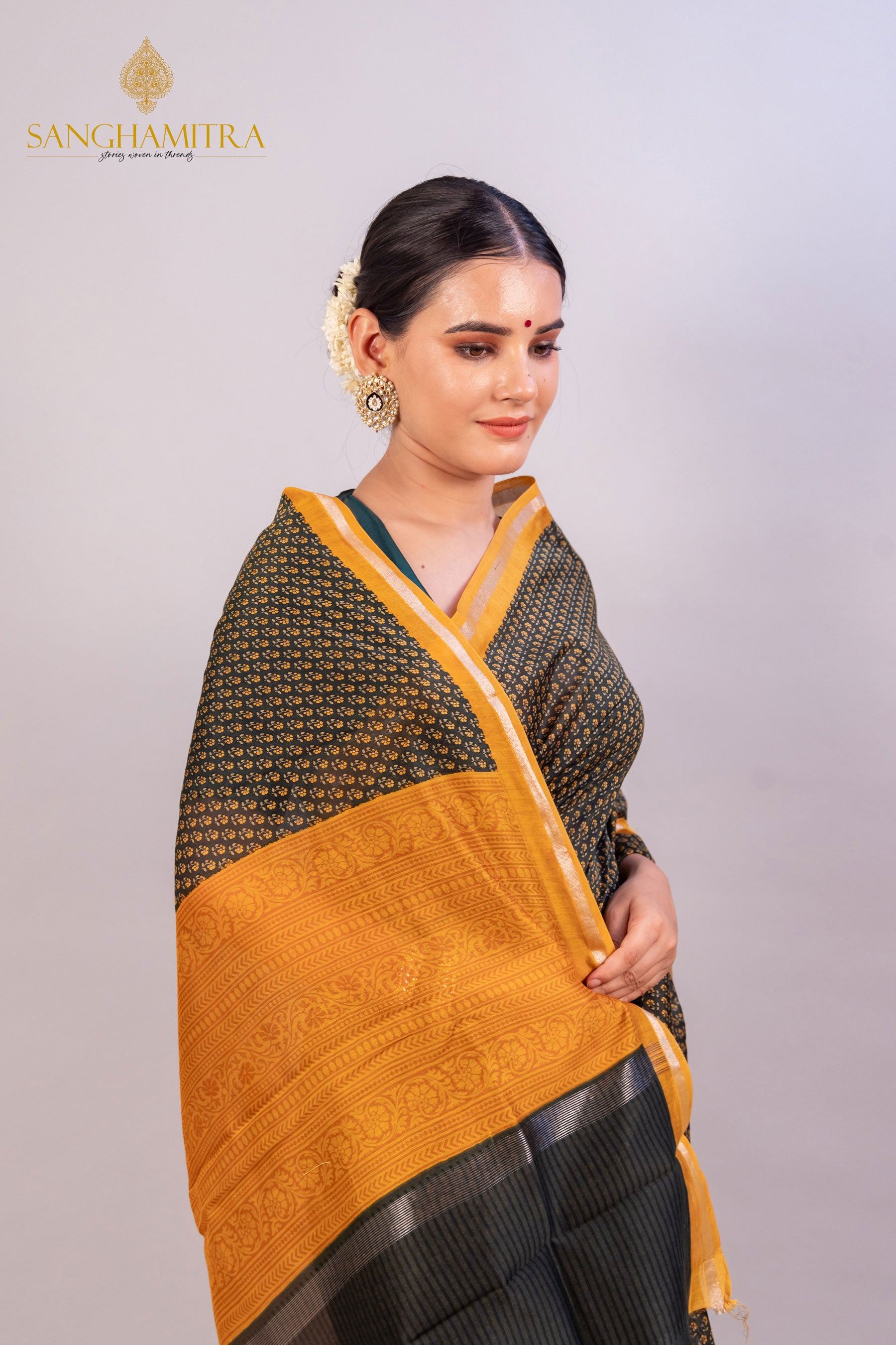 Green Hand Block Print Pure Chanderi Silk Banarasi Saree