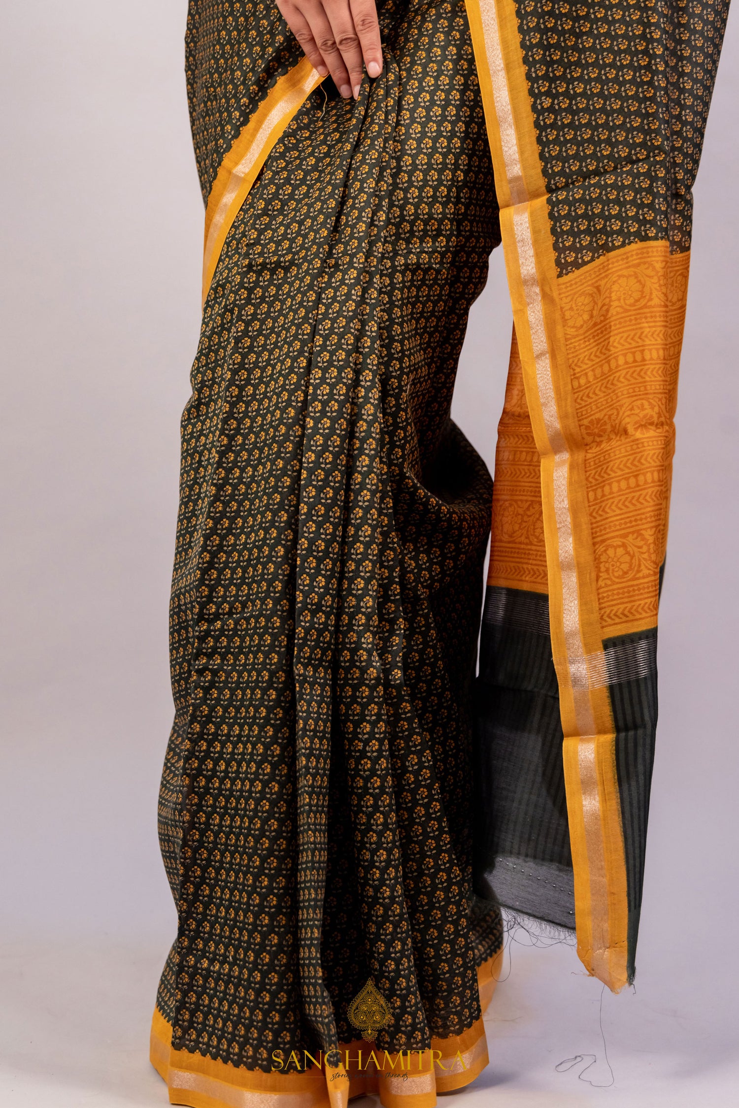 Green Hand Block Print Pure Chanderi Silk Banarasi Saree