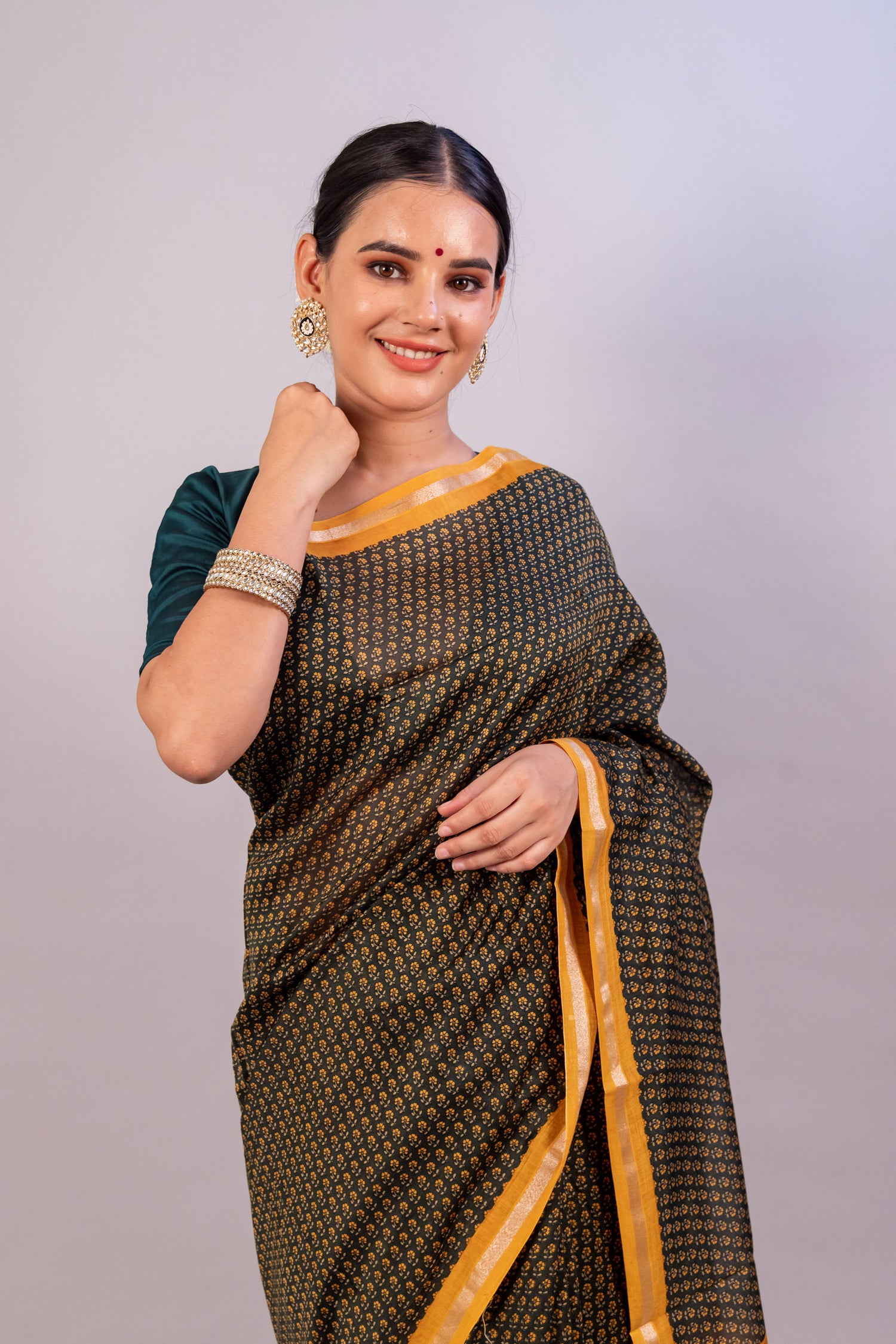 Green Hand Block Print Pure Chanderi Silk Banarasi Saree