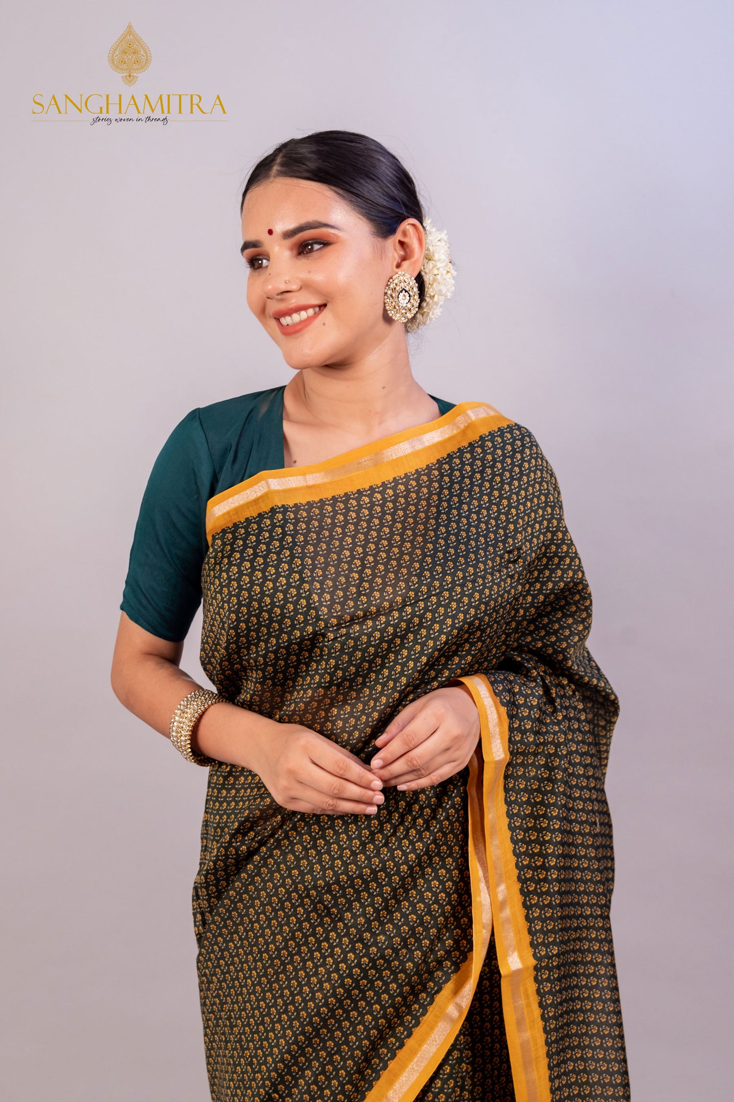 Green Hand Block Print Pure Chanderi Silk Banarasi Saree